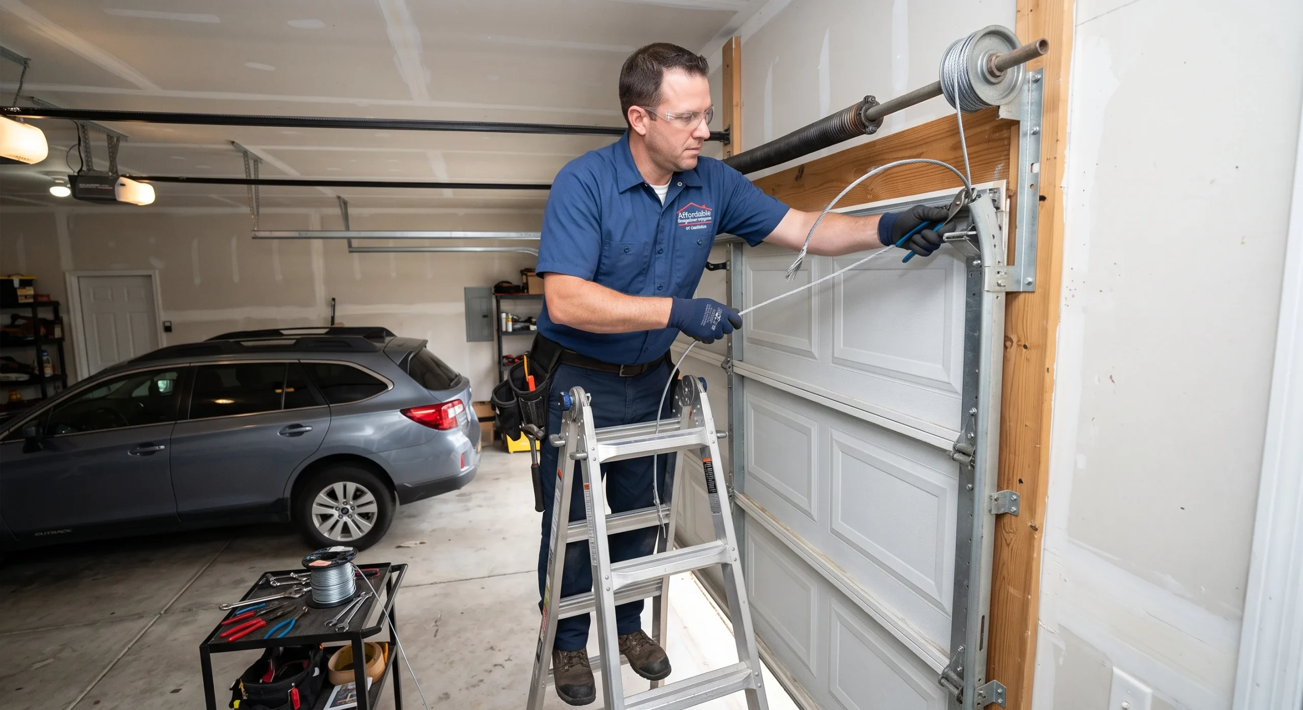 A technician on a ladder rethreading a cable around the drum during a broken garage door cable repair.